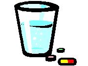 水の入ったコップと、2～3錠の薬が置いてあるイメージイラストの写真