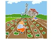小さな風車小屋が見える広い農場の畑で、二人の農夫が緑の野菜を手入れしている様子のイメージイラストの写真