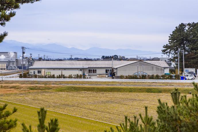 稲刈り後の畑と長閑な景色の中にある、大きな工場の写真