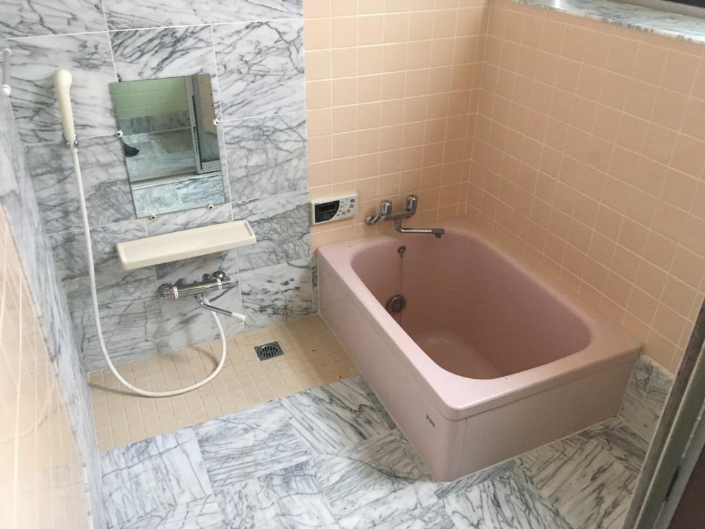 浴室の内観の写真。ピンクのタイルとグレーの壁で内壁が構成されており、鏡、シャワー、蛇口、ピンクの浴槽が写されている。