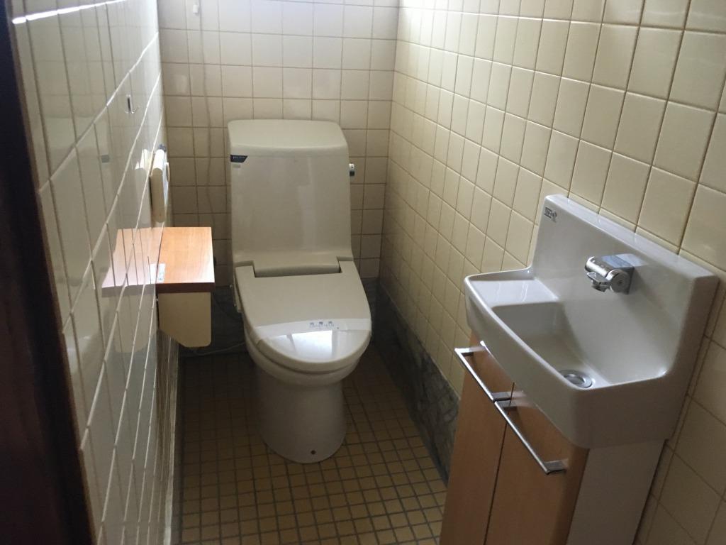 トイレの内観の写真。白いタイルで内壁が構成されており、手洗い場と便器が写っている。