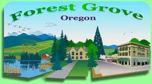 「Forest Grove Oregon」と書かれた、山の畑や湖の他に、緑あふれる道路や建物などを描いたポスターの写真