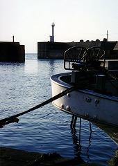 日中の水面に浮かぶ漁港に停泊している船のへさきはロープで係留されている。奥には左右に堤防。右の堤防には小さな灯台が載るっている写真