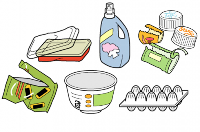 お菓子の袋や卵のケースなどプラスチック製容器包装のものが描かれているイラスト