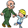 黄色い帽子をかぶった男の子がメガネをかけたおじいちゃんの左tの袖を持って歩いている様子のイラスト