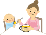 お母さんが赤ちゃんにスプーンでご飯を食べさせてあげている様子のイラスト